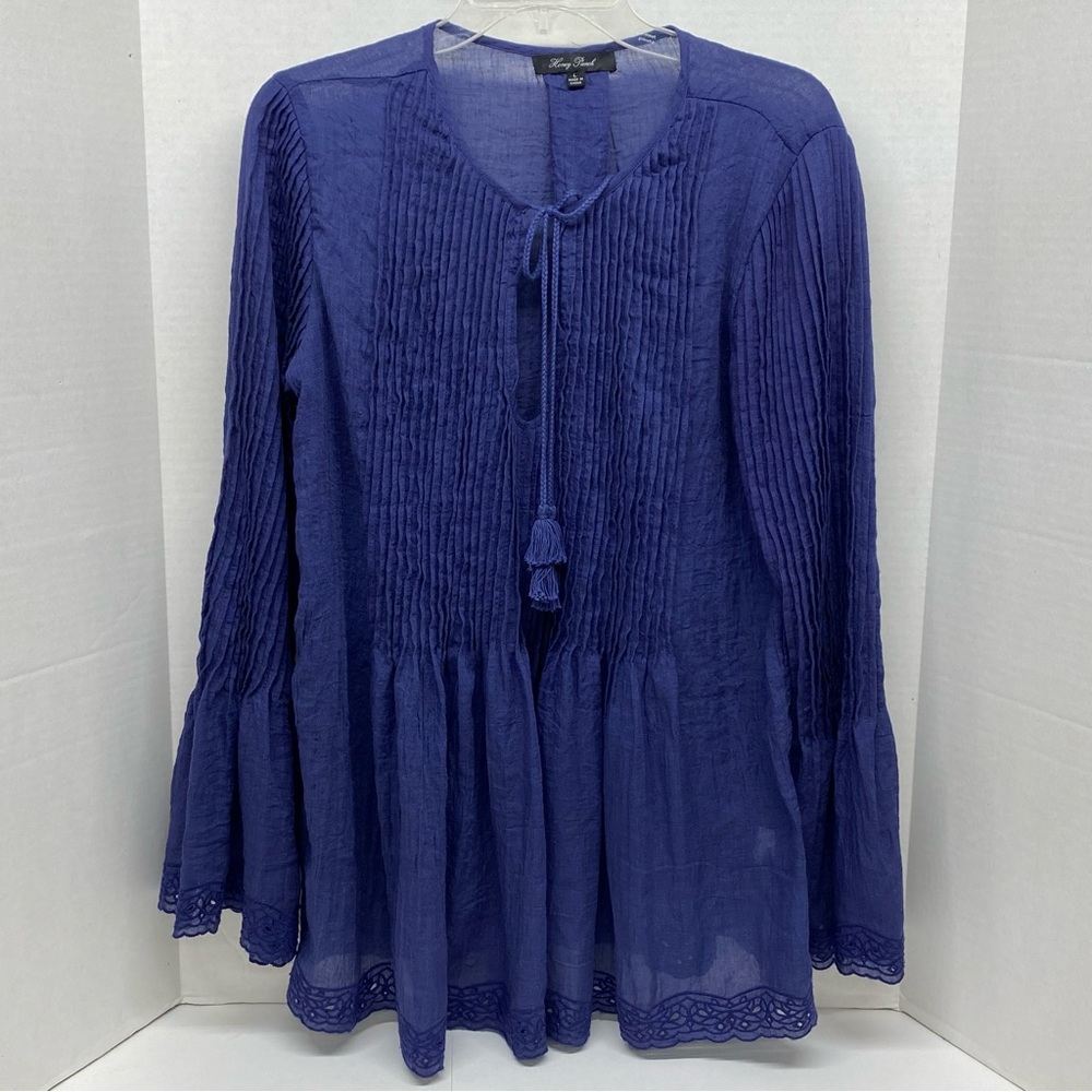 Honey Punch Navy Pintuck Peasant Top Bell Sleeves Pleated Front & Sleeves Size L